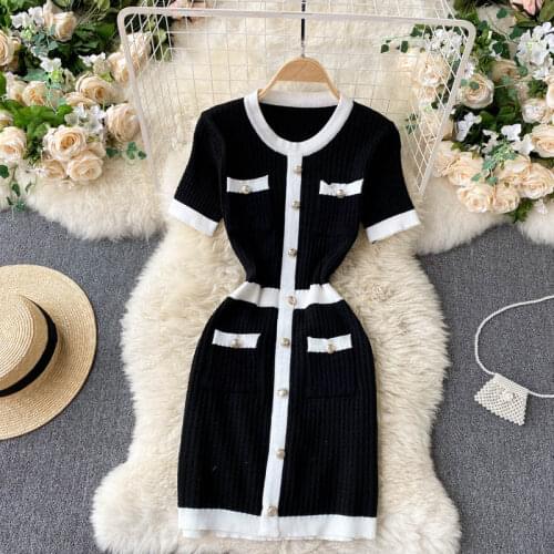 2021 New Fashion Party night Elegant Sexy Mini Dress Women Button Knitted Bodycon Dress O-Neck Sheath Summer Dresses
