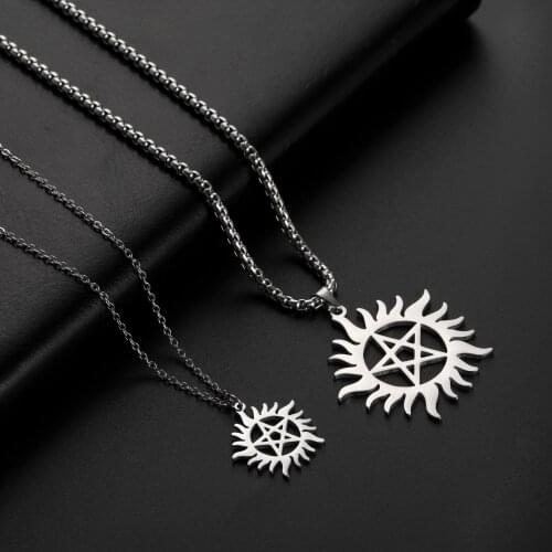 COOLTIME Supernatural Sun Pentagram Pendant Necklace for Women Men Stainless Steel Hollow Star Box Chain Necklaces Couple Gifts