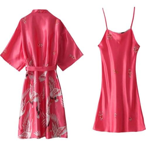 Red Crane Print Kimono Robe Gown Set Bridal Bridesmaid Wedding Bathrobe Women Summer New Short Sleeve Sleepwear Sexy Nightgown