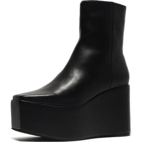 Fashion Solid Black Leather Ankle Boots High Platform Sequare Toe Boots Wedge Heels Real Leather Roman Zipper Short Boots