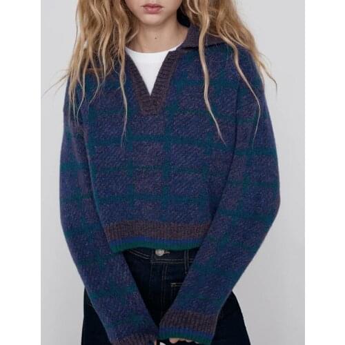 Ardm Fashion Sweater Women V Neck With Ribbed Trim Cropped Knitted Jumper Vintage Long Sleeve Winter Female Pullovers Chic Tops