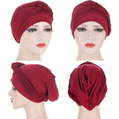 Muslim Inner Hijab Hair Loss Stretch Turban Cap Chemotherapy Headband Solid Color Braid Headscarf Beanie Bonnet Hair Accessories