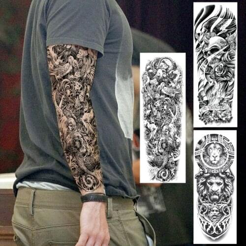 Extra Large Abstract Full Arm Tattoo Sticker For Men Women Skull Rose Lion Tattoos Temporary Sleeve Water Transfer Fake Tatoos