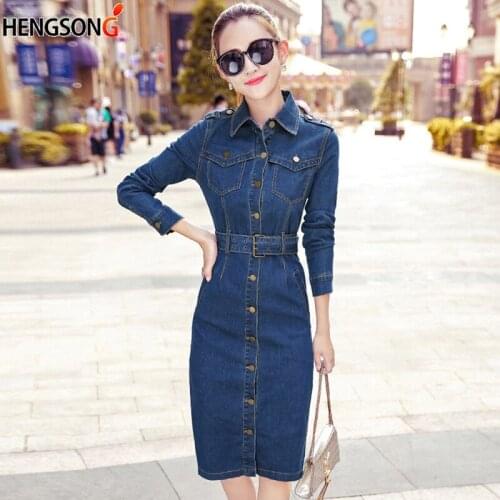 Autumn Women Jeans Dress Belt Long Cowboy Denim Dress Ladies OL Office Work Dress 2020 NEW Fashion Bodycon Pencil Dress Vestido
