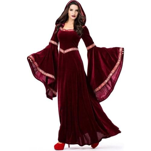 Deluxe Women Medieval Vampire Halloween Costumes Adult Gothic Hoodie Witch Long Party Dress