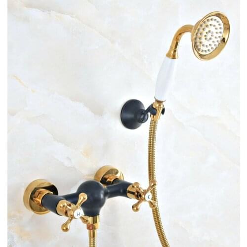 Black Gold Bathroom Shower Faucet Mixer Tap With Hand Held Shower Head Set Double Handles Wall Mounted zna513