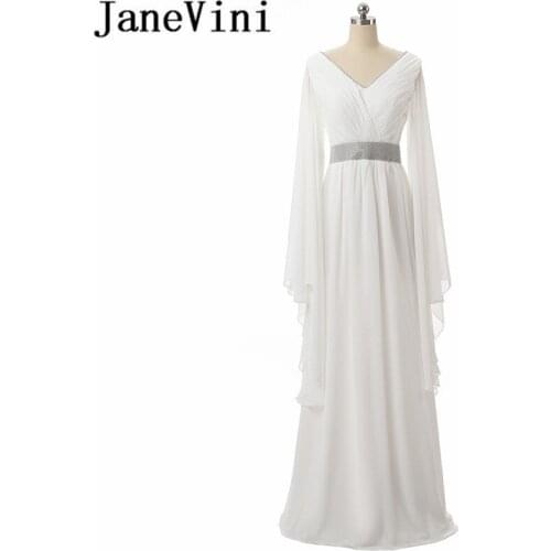 JaneVini 2018 Sexy White Long Bridesmaid Dresses With Sleeves V Neck Pleat Beads Chiffon Backless Floor Length Vestiti Damigella