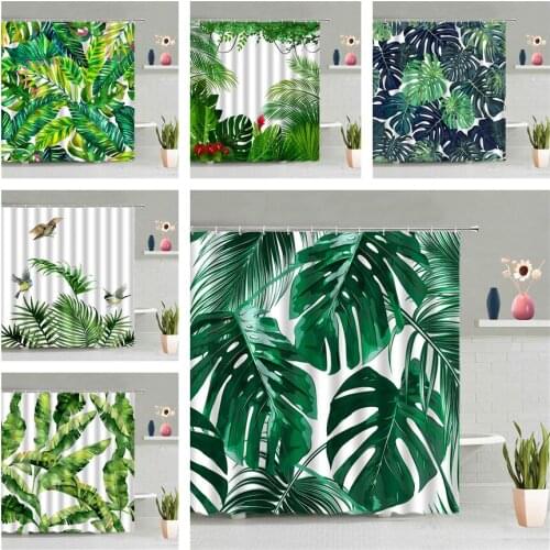 Tropical Green Plant Palm Leaf Bathroom Shower Curtains Summer Jungle Fabric Waterproof Hooks Hanging Curtain Bath Screen Decor