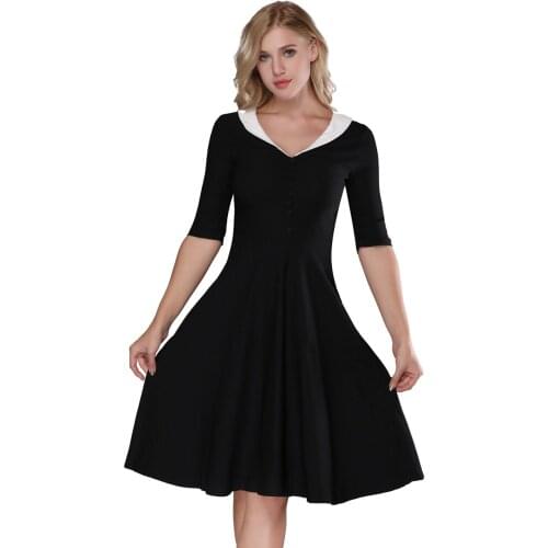 Vintage 1950s Dresses - S-XXL Womens White Collar Red Burgundy Blue Black Vintage Dress 1950s Retro Style Autumn Party Dresses