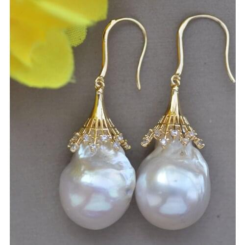 Z10939 27mm White Baroque Keshi Reborn Pearl Dangle Earring CZ