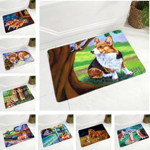 Welsh Corgi Pembroke Dog Non-Slip Soft Flannel Carpet Decor Oil Painting Animal Doormat Floor Door Mat for Hallway Kitchen Room
