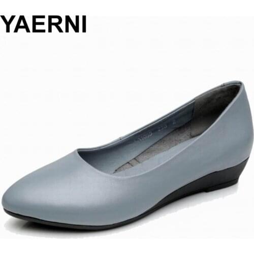 YAERNI Womens Genuine Leather Low Heels Shoes Slip On Classic Black&White wedges Shoes for Office Ladies Shoes Woman E533