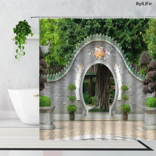 Chinese Style Garden Landscape Shower Curtains Arched Door Rockery Green Plants Flowers Home Decor Background Bathroom Curtain