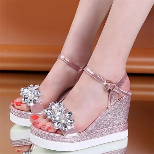2021 Female Fashion Flower Open Toe Sandals Dress Silver Sandals Women Rhinestone Wedges Platform Party Shoes Woman 33-40