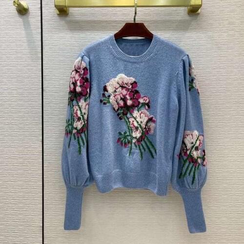 Runway New Oversize Flower Embroidery Pullover Blue Lantern Sleeve Women Sweater Knit Pullover 2021 Designer Vintage Clothes