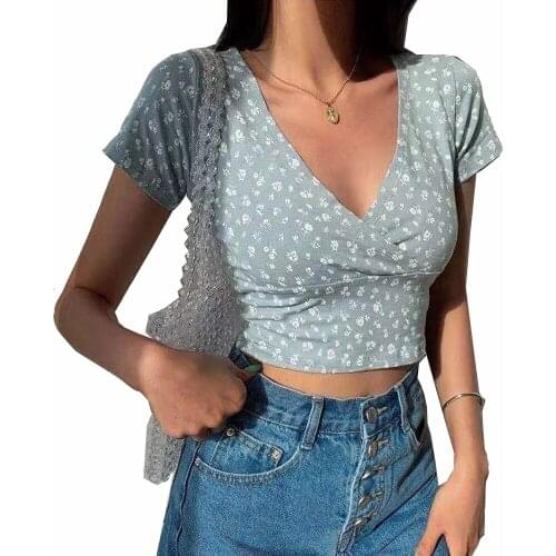 Vintage Floral Cross Crop Top T-shirt Women Cropped Slim Short Sleeve V-neck Sexy Summer Clothes Tee Shirt Femme Tops