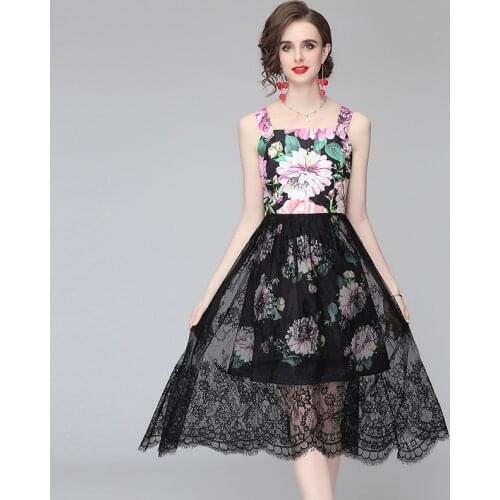 Summer Runway Elegant Vacation Dress Women Spaghetti Strap Floral Print Black Lace Splicing Midi Dress k9123