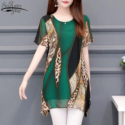 2021 Summer Fashion Women Chiffon Blouses Short Sleeve Casual Printed Women Clothing O-neck Loose Women Tops 5131 50