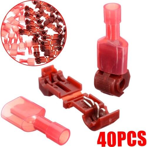 40pcs Red Wire Cable Connectors T-Taps and Male Insulated Quick Lock Splice Wire Terminals Connectors Set 22-18AWG 0.5-1.5mm2
