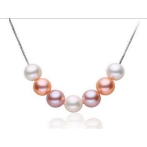 7 pcs 9-10mm natural south sea white pink round pearl necklace