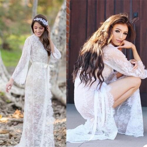 White Lace Wedding Sleepwear With Belt Elegant Soft Night Robe Gown Custom Made Long Sleeves Home Woman Pajamas