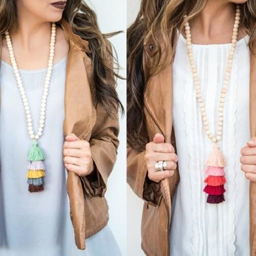 Boho Yoga Long Wooden Beads Chain 5 Layers Cotton Fringe Tassel Pendant Necklaces Wood Beads Tassel Pendant Necklaces Jewelry