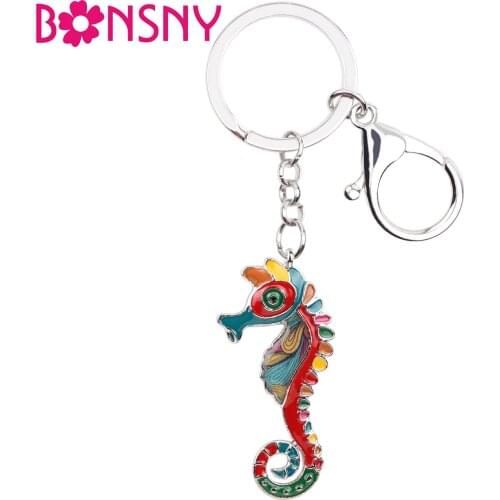 Bonsny Enamel Hippocampus Sea Horse Key Chain Key Ring Handbag Bag Charm Keychain New Fashion Ocean Animal Jewelry For Women
