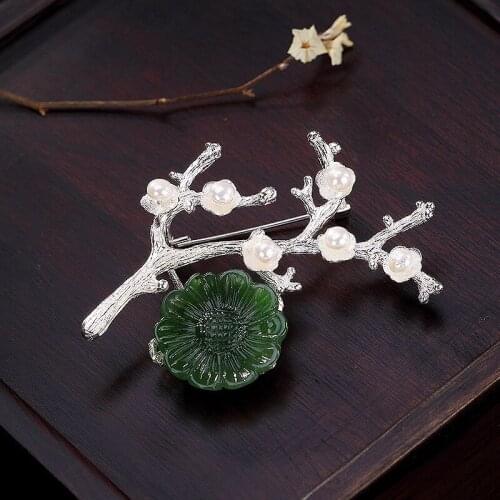 925 Sterling Silver Pearl Brooch Women Flower Green Jade Pins Elegant Brooches Wedding Clothing Accessories Pin Luxury Jewelry