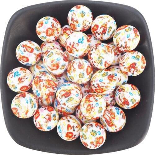 Chenkai 10PCS 15MM Silicone Christmas print Beads Baby Round Shaped Beads Teething BPA Free DIY Sensory Chewing Toy Accessories