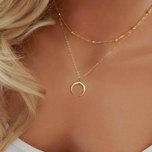 Double Layer Fashion Moon Necklace Pendant Women Creative Personality Simple Short Choker Round Beads Necklace Collar Jewelry