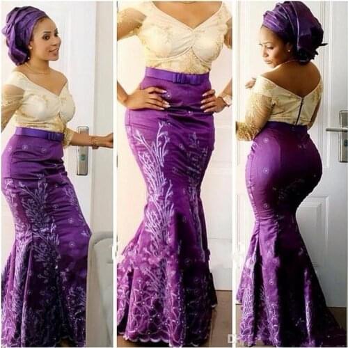 Purple Aso Ebi South African Evening Dresses Mermaid 3/4 Sleeves Embroidery Beaded Nigeria Saudi Arabic Evening Gown Prom Dress