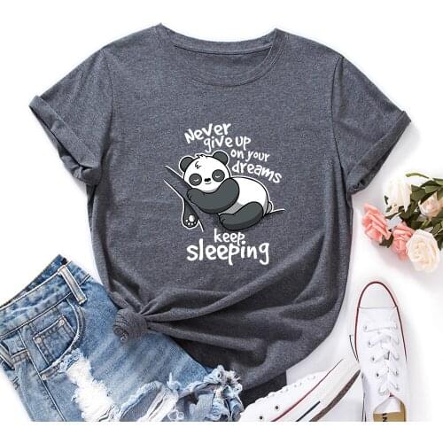 Never Give Up on Your Dreams Panda Animal Graphic Tee Shirt for Women Summer Cute Panda Bear T-Shirt Cotton Short Sleeve Tops