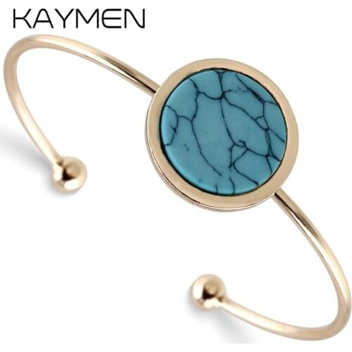 KAYMEN Hot Selling New Girls Bohemian Round Stone Cuff Bracelet Bangle 3 Colors Golden Statement Bangle Party Wedding Gift