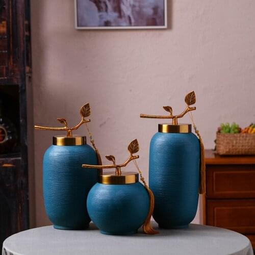 Nordic Style Morandi Blue color Ceramic Flower Vase Home Storage box with gold Lid Cover Vase Decoration Furnishing Articles