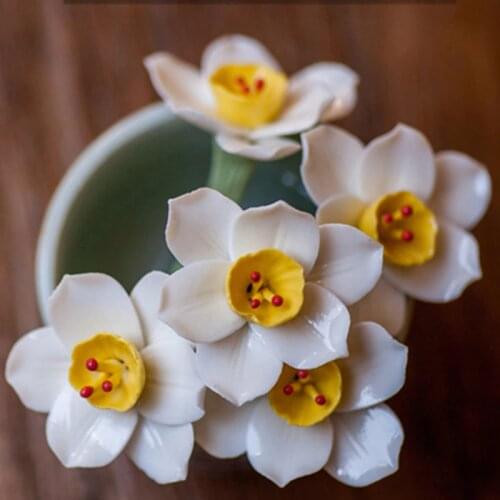 Handmade Ceramic Figurines Daffodil Tea Pet Flower Tea Ceremony Utensils Tea Set Room Table Decoration Accessories Zen