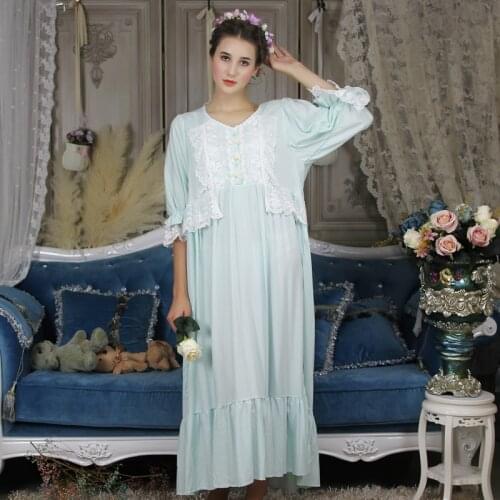Summer Autumn Cotton Long Nightgowns White Lace Womens Sleepwear Half Sleeve Retro Solid Color Nightdress Home Dress 011