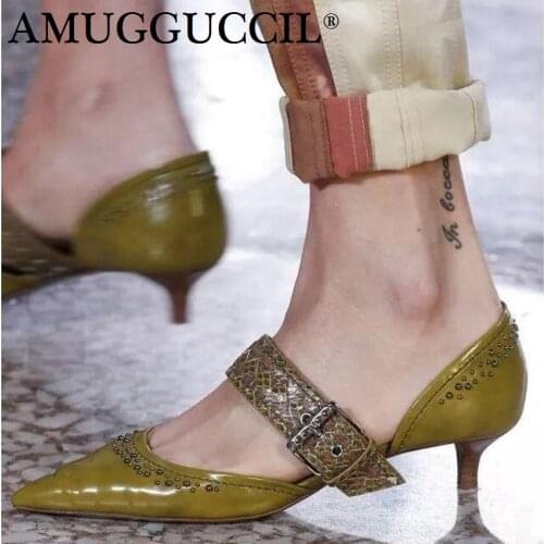 Genuine Real Leather Plus Big Size 31-45 White Black Green Buckle Fashion Mid Heel Female Lady Women Shoes Pumps D1198