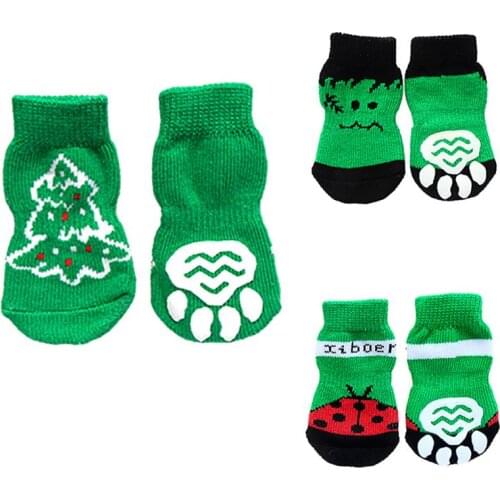 New 4 Pcs/Set Warm Sock Skid Bottom Dog Socks Comfortable Pet Dog Soft Cotton Anti-slip Knit Weave Green Christmas Tree