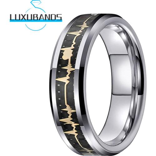 8MM Tungsten Rings For Women Men Enagement Gold Heartbeat Black Carbon-Fiber Inlay Beveled Edges Polished Finished Comfort Fit