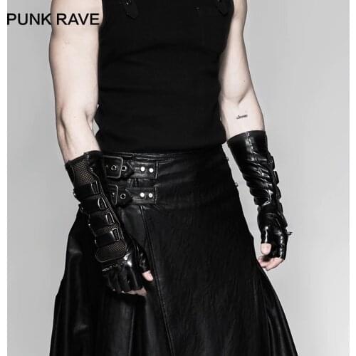 PUNK RAVE Steampunk Black Locomotive Men Long Gloves Gothic Fashion Rock Rivets Mesh+PU Leather Coated Male Rivet Glove One Pair