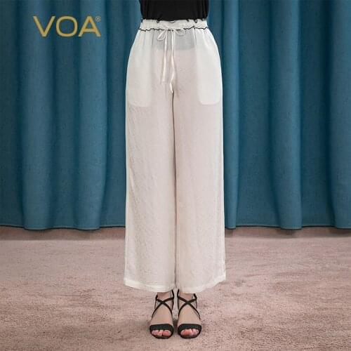 VOA Silk 22 Mmiben White Dark Patterned Raccoon Wood Ear-tie Belt Loose Waist Vertical Pocket Wide-legged Pants KE26