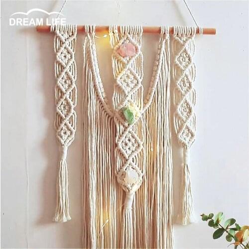 Ins Nordic Cotton Rope Woven Tassel Tapestry Set With Rough Stone Aesthetic Home Wall Hanging Decor Room Background Decoration