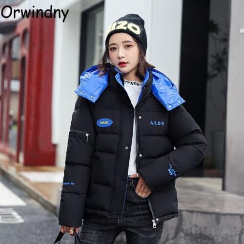 Orwindny Waterproof Jacket Female Cotton Padded Clothing Hooded Warm Parkas Loose Short Glossy Wadded Coat High Street Wear