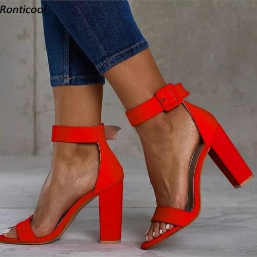 Ronticool Handmade Women Ankle Strap Sandals Block Heels Open Toe Gorgeous Red Yellow Fuchsia Pink Party Shoes US Size 5-20