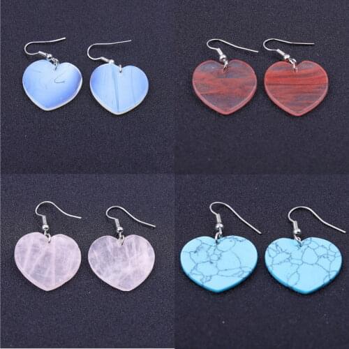 Heart Shape Natural Stone Rose Crystal Quartz Earrings for Women Fashion Tiger Eye Lapis Lazuli Stone Slice Jewelry Wholesale