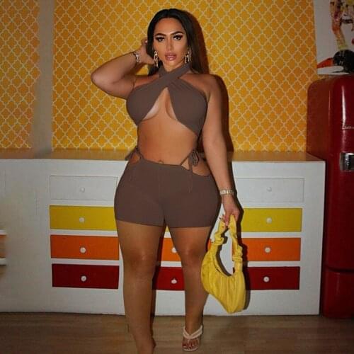Hot Selling Sexy Summer 2 Piece Sets Women Bandage Cross Halter Top+Cut Biker Shorts Party Clubwear Matching Outfits Streetwear