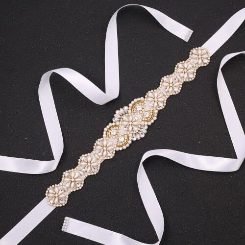 SESTHFAR Women Pearl Rhinestone Wedding Dress Belt Beaded Bridal Gown Belt Silver Diamond Inlaid Bridesmaid Belt