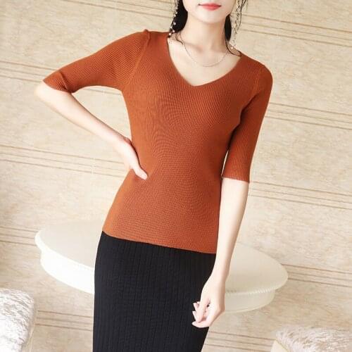 New Korean Bottom half Sleeve Black blue beige V-collar Knitting Womens Sweaters Winter Tops Sweater Women Thin Pullover Jumper