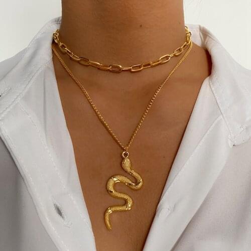 VKME Punk Gold Layered Chain Snake Pendant Choker Necklace For Women Fashion Statement Chunky Chains Collar Necklaces Jewelry