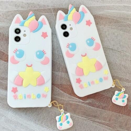 3D Cute Cartoon Rainbow Unicorn Stars Phone Case for iPhone 12 11 Pro Max SE 2020 Soft Silicone Shockproof Cover with Pendant